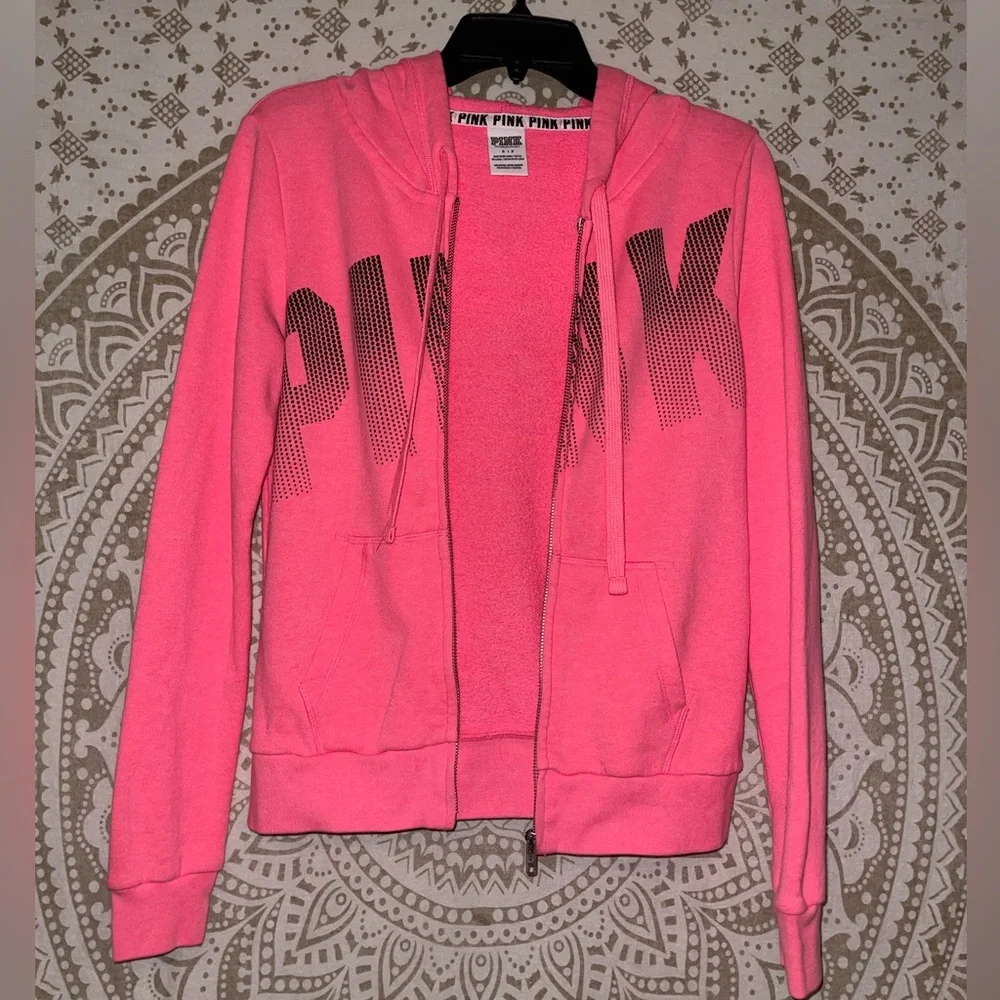 "PINK" HOT PINK AND BLACK ZIP UP HOODIE WITH POCKETS, SIZE SMALL - Picture 3 of 3